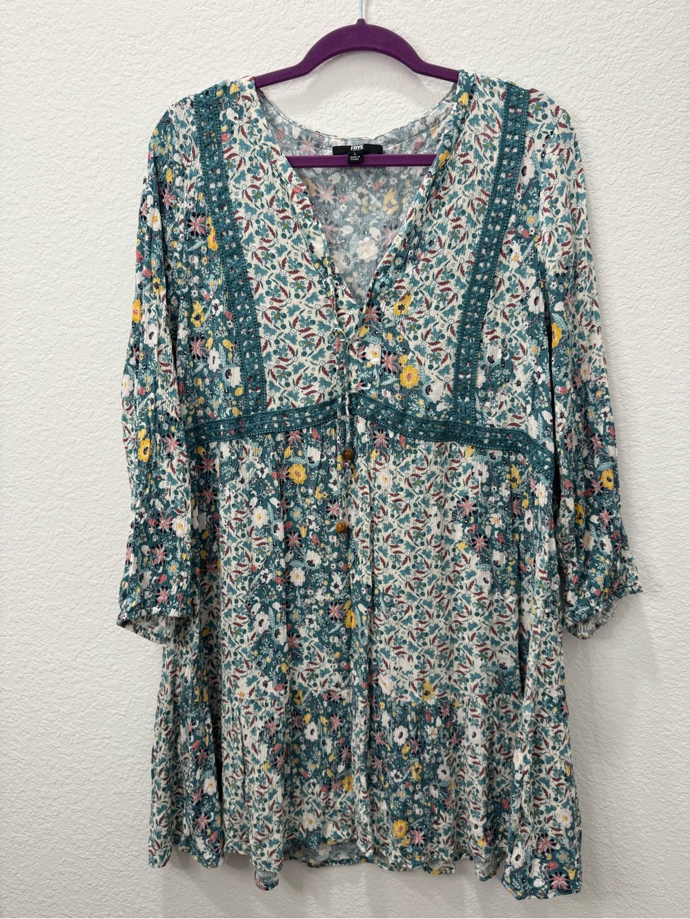 Frye Dahlia Printed Lace Trim Babydoll Dress Floral Boho Long Sleeve Size L